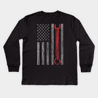 Distressed Mechanic Usa Flag Kids Long Sleeve T-Shirt